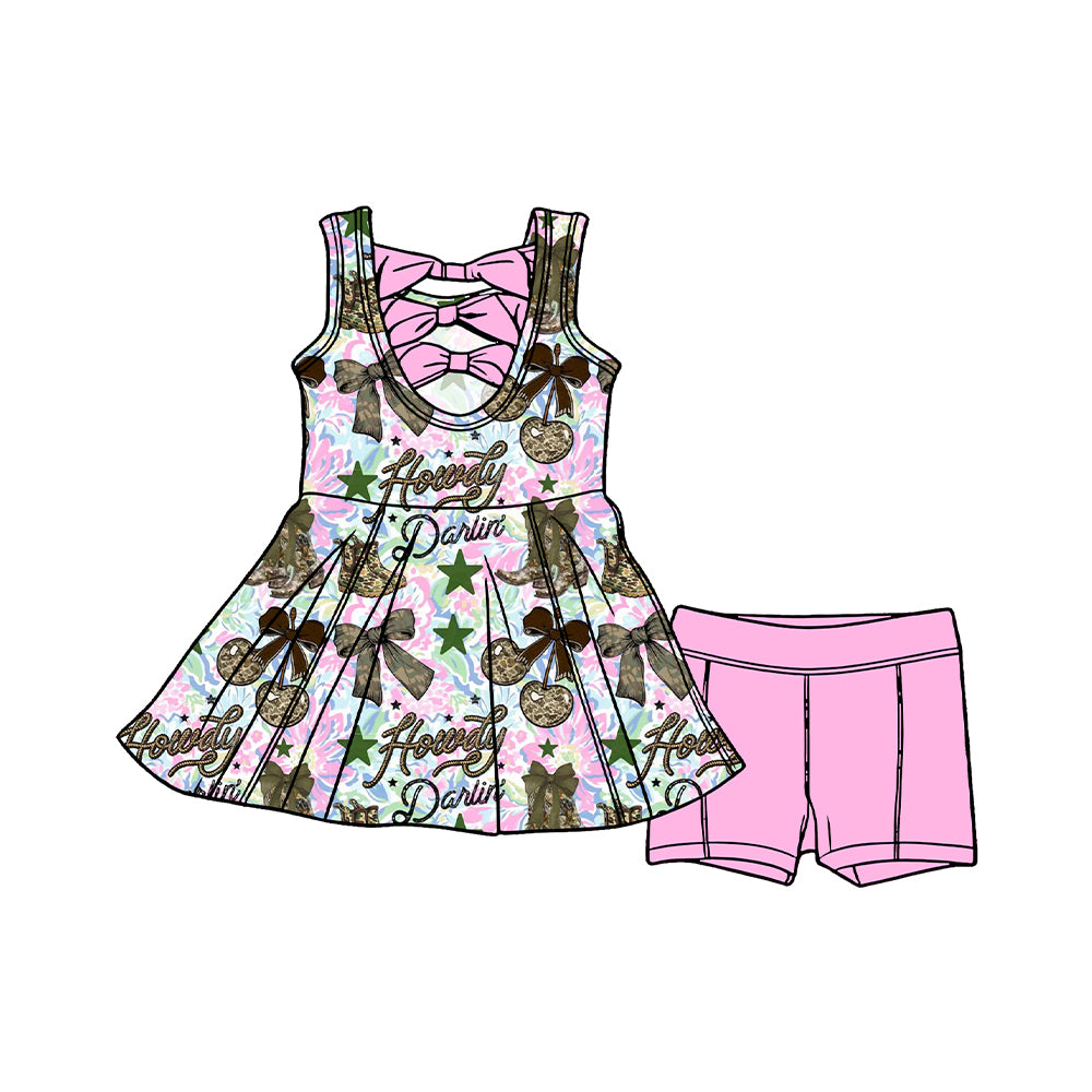 Preorder moq 5 Baby Girls Sleeveless Camo Boots Howdy Tunic Shorts Western Clothes Set