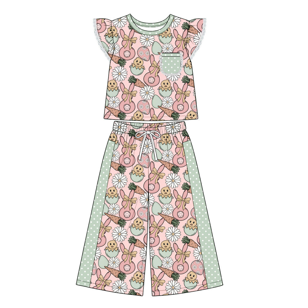 Preorder (moq 5) Baby Girl Clothes Easter Bunny Chick Daisy Mixed Print Flutter Short Sleeve Wide Leg Pant Set