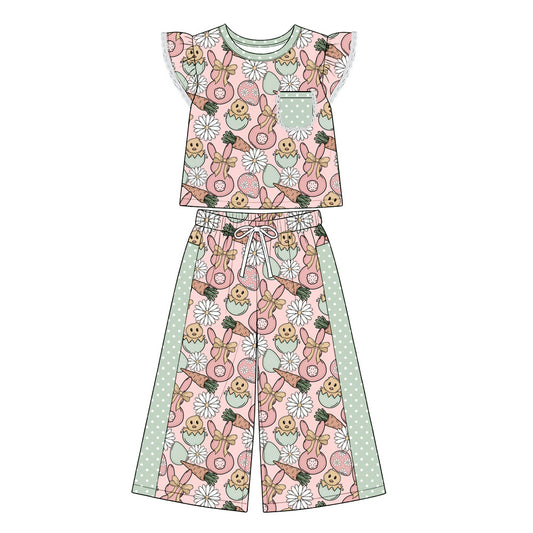 Preorder (moq 5) Baby Girl Clothes Easter Bunny Chick Daisy Mixed Print Flutter Short Sleeve Wide Leg Pant Set