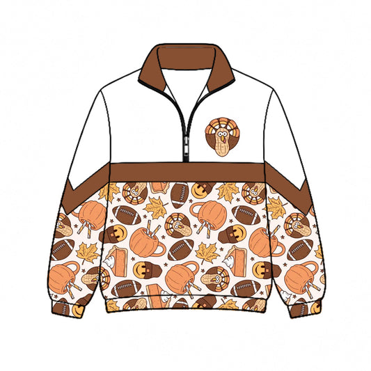 Preorder (moq 5)Baby Boys Footballs Turkey Cakes Thanksgiving Zip Pullovers Top