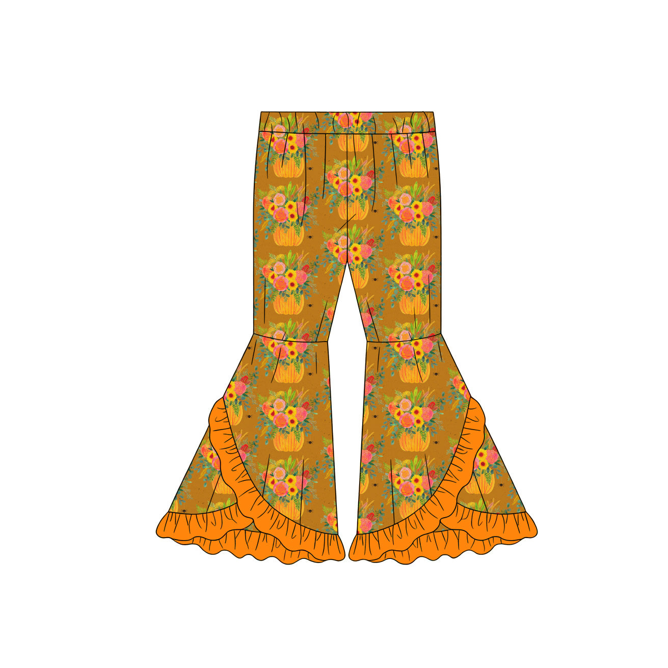 Preorder (moq 5)Baby Girls Flowers Pumpkins Fall Double Ruffle Bell Bottom Pants