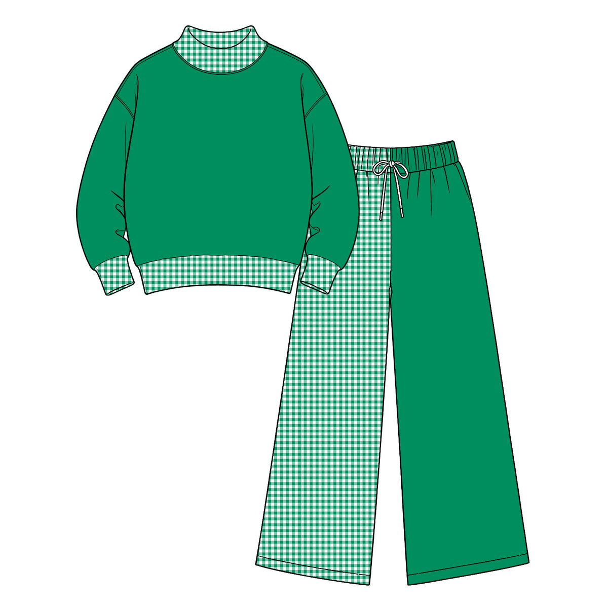 Preorder (moq 5) Baby Girl Clothes Solid Green Gingham Contrast Print Long Sleeve Wide Leg Pant Boutique Outfit Set