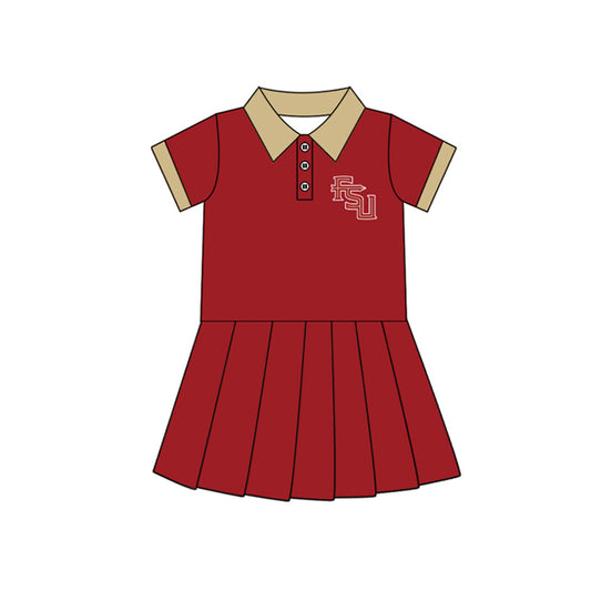 Preorder (moq 5)Baby Girls Red Short Sleeves Button FSU Team Shorts Knee Length Dresses