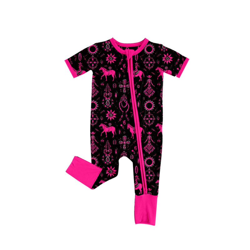 Preorder (moq 5)Baby Girls Horse Rodeos Turquoises Western Two Way Zip Convertible Rompers