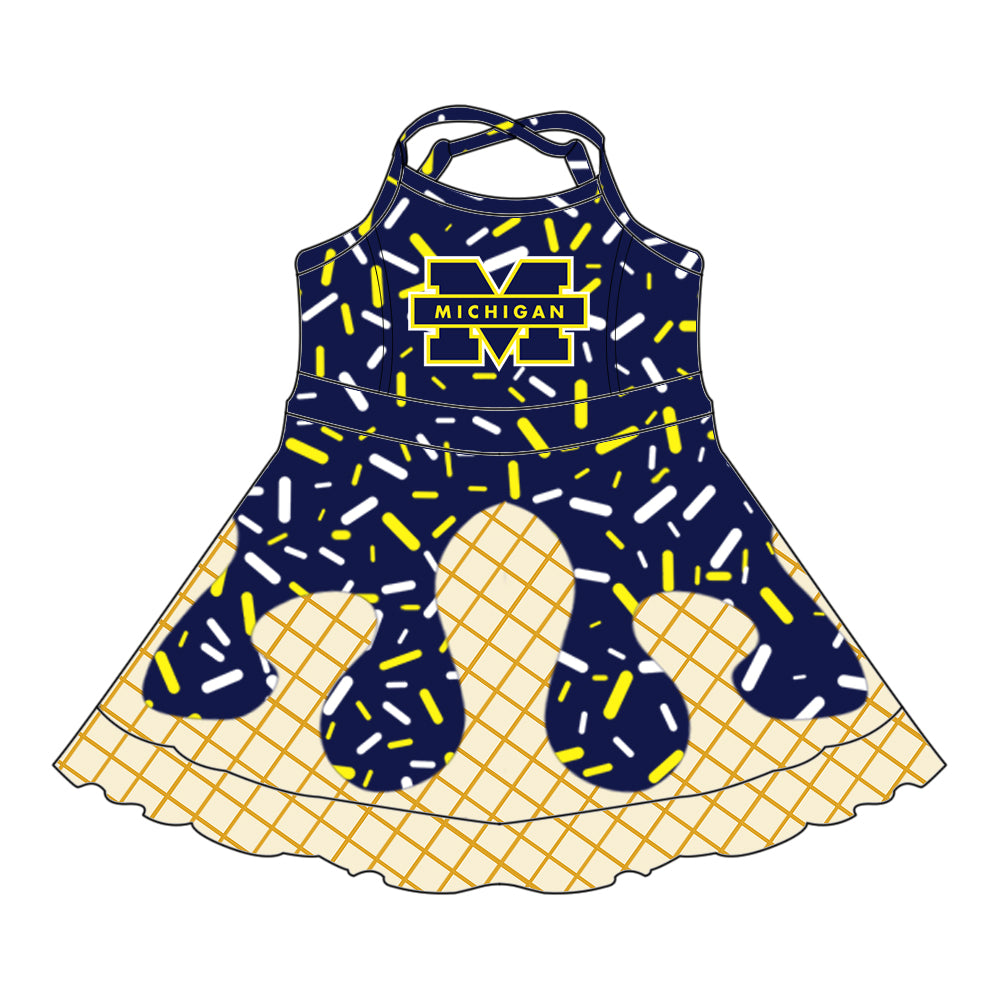 Preorder (moq 5)Baby Girls Strap Navy Michigan Drip Shorts Ruffle Team Knee Length Dresses