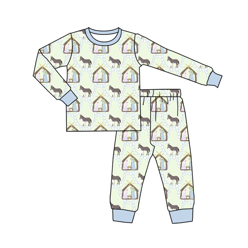 Preorder (moq 5)Baby Boys Long Sleeves Blue Donkey Jesus Plaid Top Pant Pajamas Set