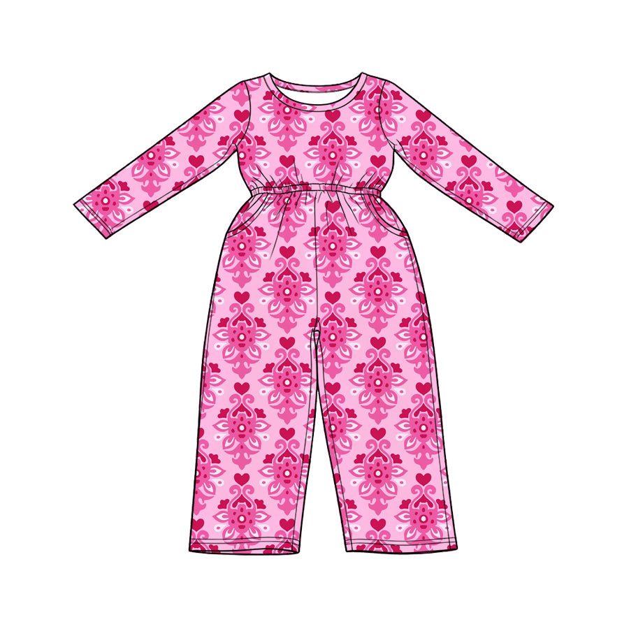 Preorder (moq 5) Baby Girl Clothes Pink Damask Heart Mixed Print Long Sleeve Jumpsuit