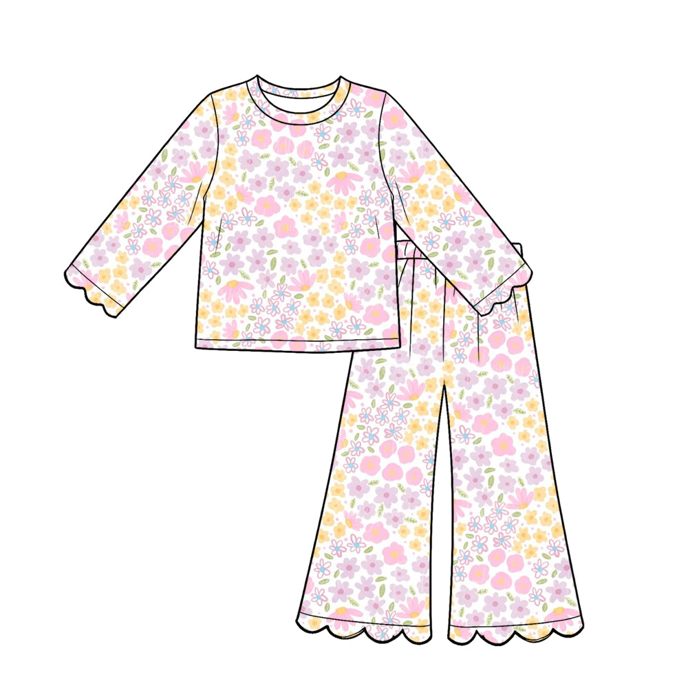 Preorder (moq 5) Baby Girl Clothes Pastel Pink Yellow Tiny Floral Print Long Sleeve Top Scalloped Flare Pants Set