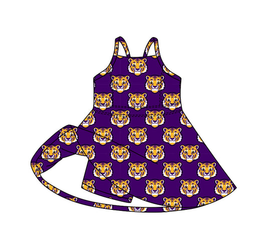 Preorder (moq 5)Baby Girls Purple Strap Tigers Team Shorts Knee Length Dresses