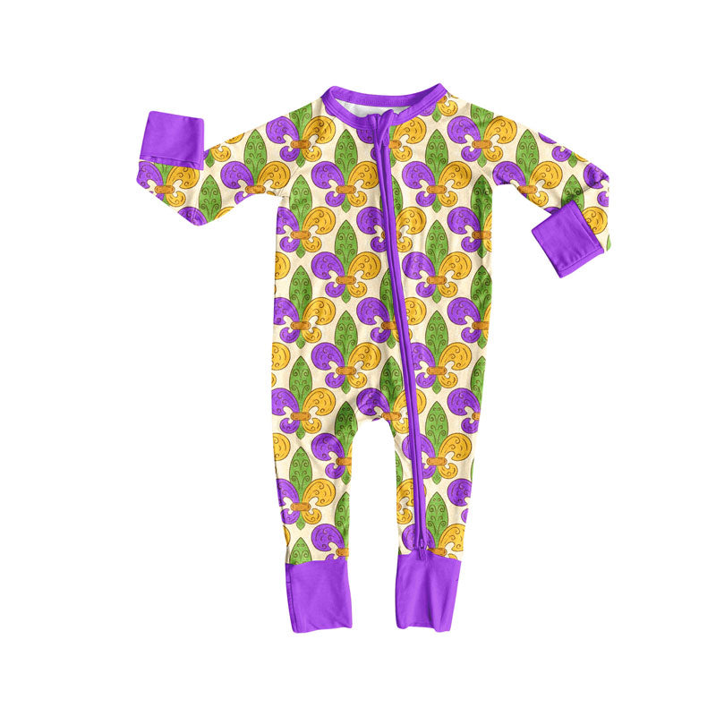 Preorder (moq 5)Baby Boys Purple Yellow Green Mardigras Zipper Footie Rompers