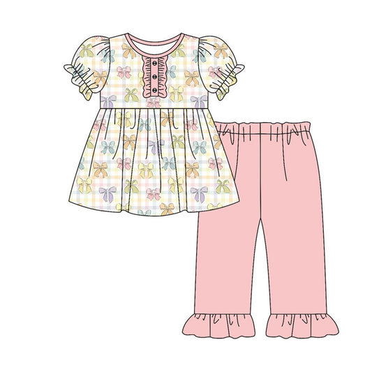 Preorder(moq 8)Baby Girls Colorful Checked Bows Button Tunic Pink Ruffle Pants Clothes Sets