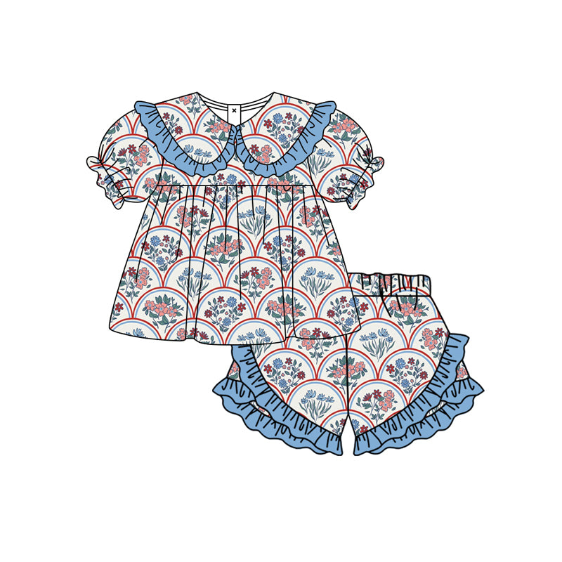 Preorder moq 5 Baby Girls Colorful Flowers Collar Tunic Ruffle Shorts Clothes Set