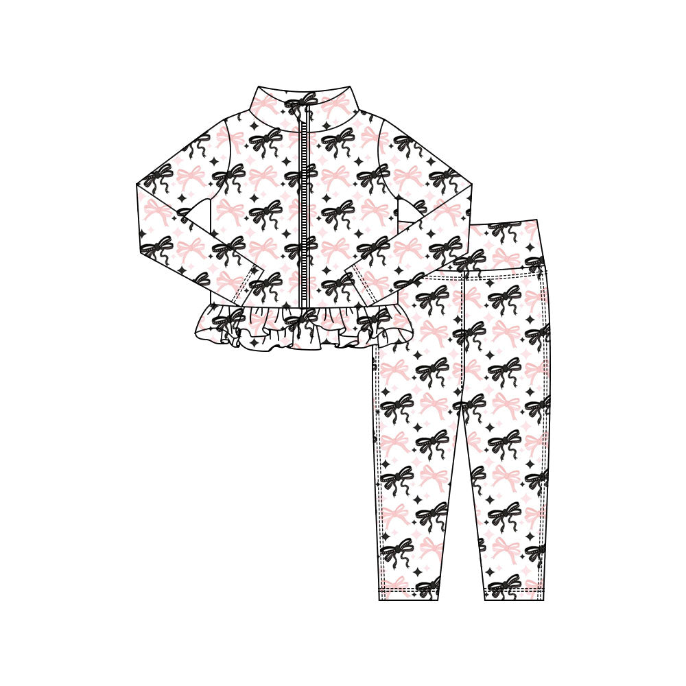 Preorder(moq 5) Baby Girls Pink Black Stars Bows Plaid Zipper Jacket Leggings Clothes Sets