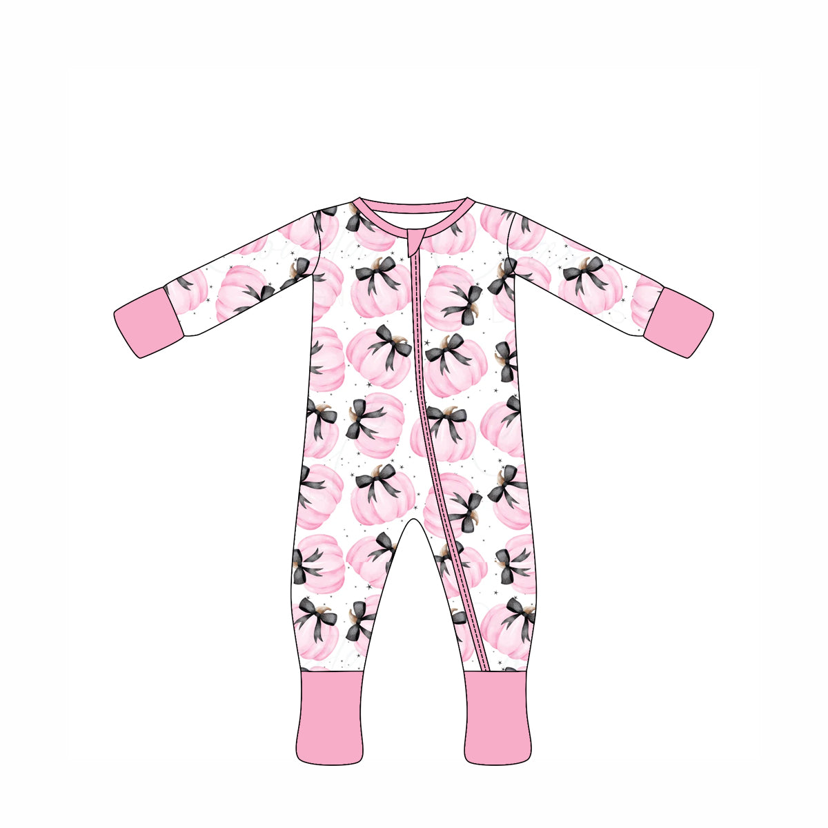 Preorder moq 10 Baby Kids Pink Long Sleeves Bows Pumpkins Zipper Pant Rompers
