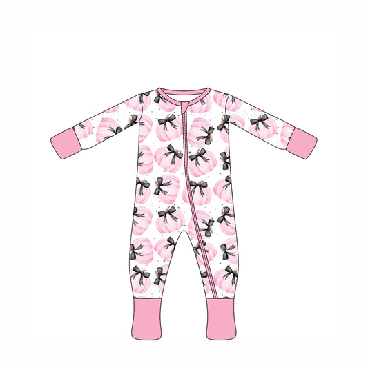 Preorder moq 10 Baby Kids Pink Long Sleeves Bows Pumpkins Zipper Pant Rompers
