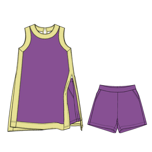 Preorder (moq 5)Adult Women Yellow Purple Split Skirt Pockets Short Clothes Sets