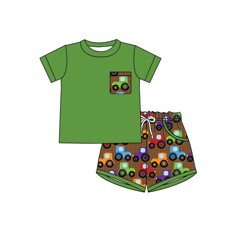 Preorder (moq 5)Baby Boys Green Truck Top Checked Pockets Shorts Farm Clothes Set