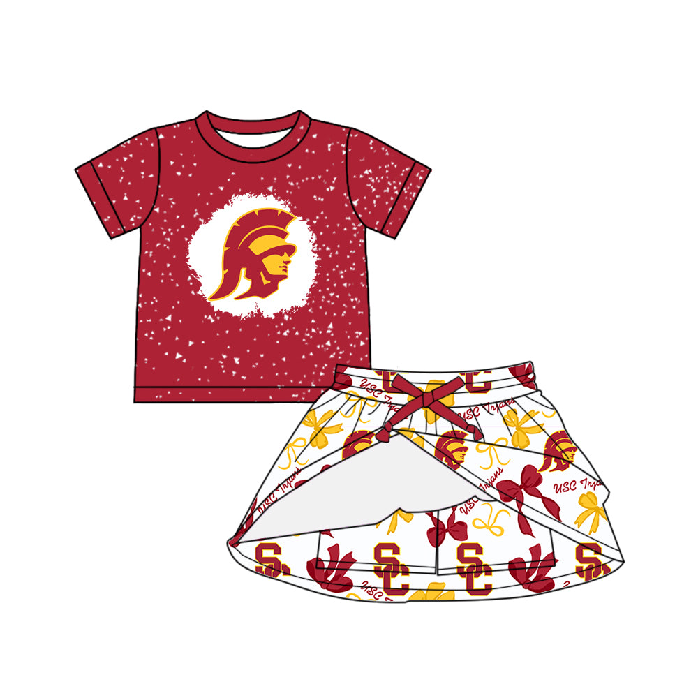 Preorder (moq 5)Baby Girls Red Short Sleeves SC Top Bows Plaid Skorts Team Set