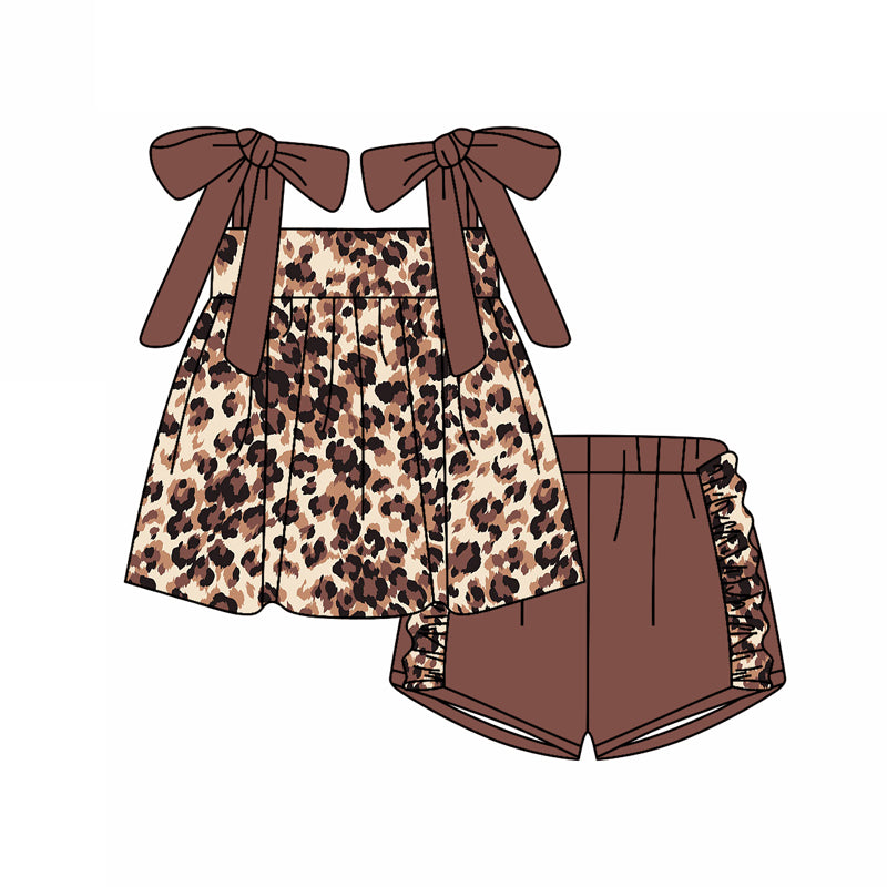 Preorder (moq 5)Baby Girls Dark Brown Bows Strap Leopard Tunic Ruffle Shorts Clothes Sets
