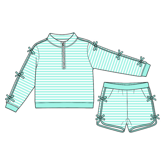Preorder (moq5) Baby Girls Aqua Stripe Bows Zip Pullover Pockets Short Clothes Set