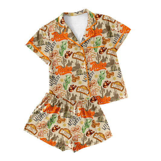 Preorder (moq 5)Adult Women Short Sleeves Button Pocket Cactus Hats Top Shorts Wild Western Pajamas Set