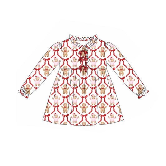 Preorder (moq 5)Baby Girls Christmas Gingerbread Bows Ruffle Knee Length Dresses