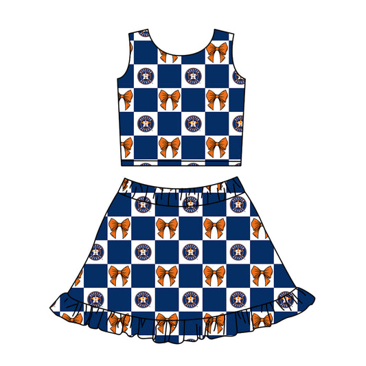 Preorder (moq 5)Baby Girls H Stars Bows Checked Vest Ruffle Skirt Short Team Clothes Sets