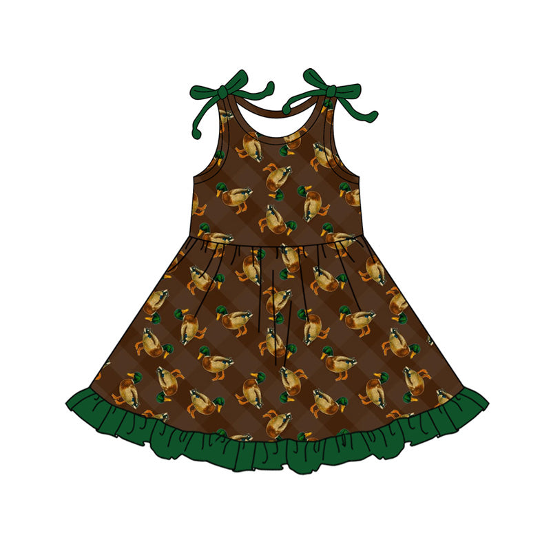 Preorder (moq 5)Baby Girls Brown Checked Ducks Hunting Ruffle Knee Length Dresses