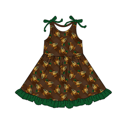 Preorder (moq 5)Baby Girls Brown Checked Ducks Hunting Ruffle Knee Length Dresses