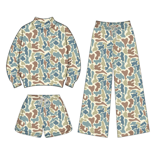 Preorder (moq 5) Baby Girls Camo Shirt Shorts Flare Pants Three Pieces Clothes Sets