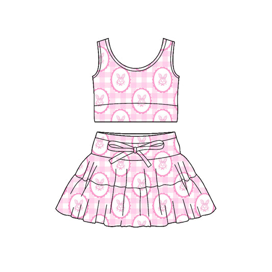 Preorder (moq 5)Baby Girls Pink Checked Rabbits Vest Top Skirt Short Easter Clothes Sets