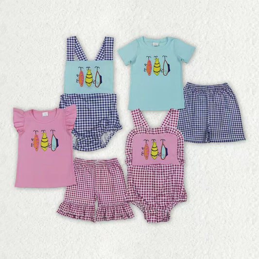 Sibling Baby Kids Embroidery Fishing Top Checked Shorts Hunting Clothes Set Strap Rompers