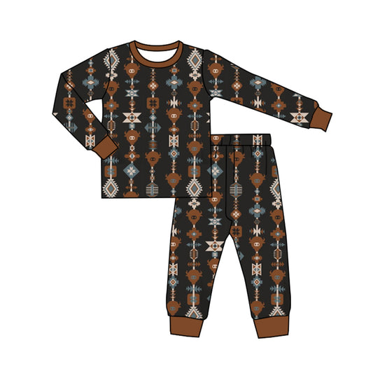 Baby Boys Western Cow Aztec Tee Shirt Top Pants Pajamas Clothes Sets Preorder(moq 5)