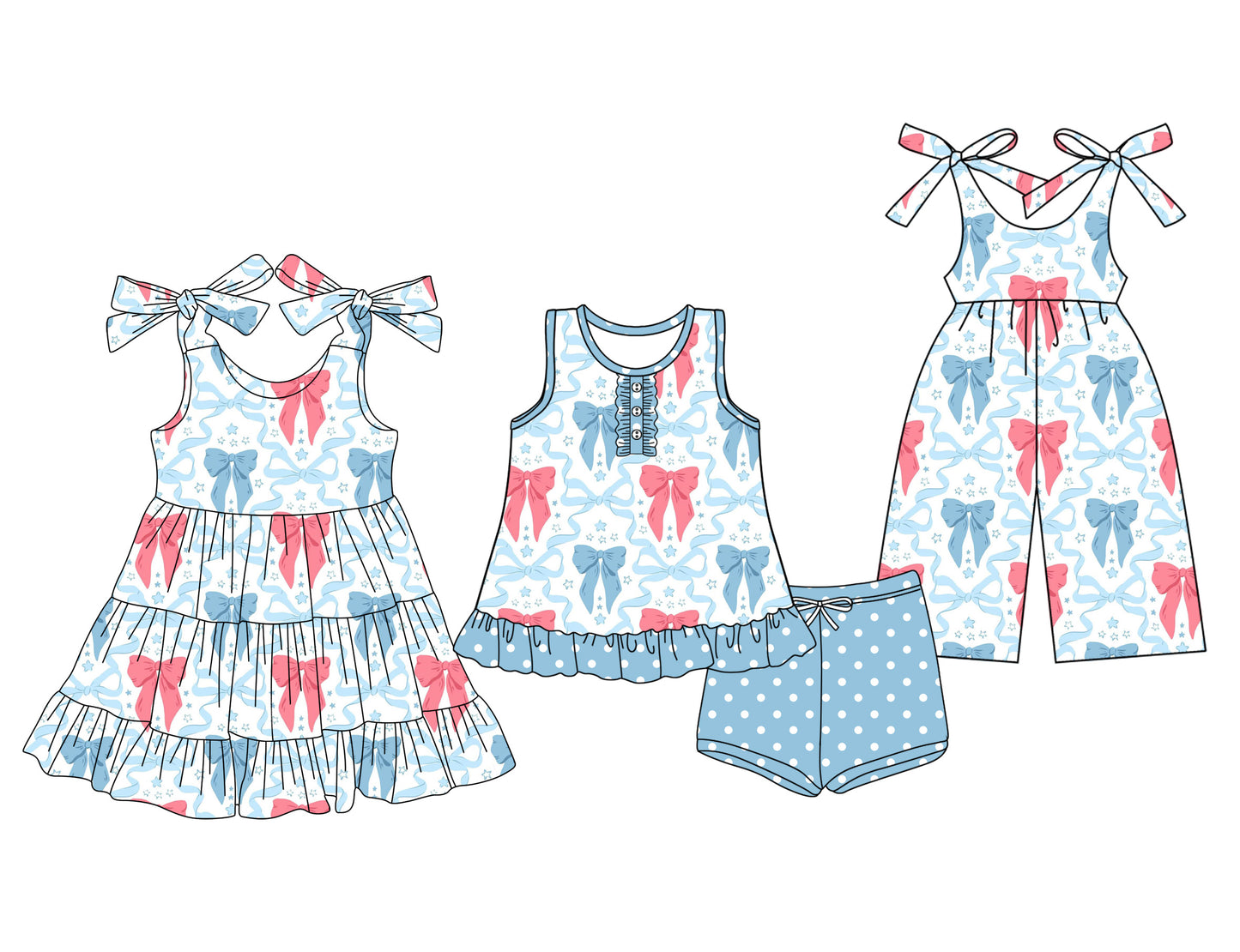 Preorder moq 5 Custom Baby Girls Blue Red Bows Stars Button Tunic Polka Dots Short 4th Of July Set Knee Length Dress Jumpsuits
