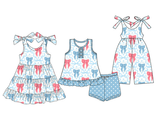 Preorder moq 5 Custom Baby Girls Blue Red Bows Stars Button Tunic Polka Dots Short 4th Of July Set Knee Length Dress Jumpsuits