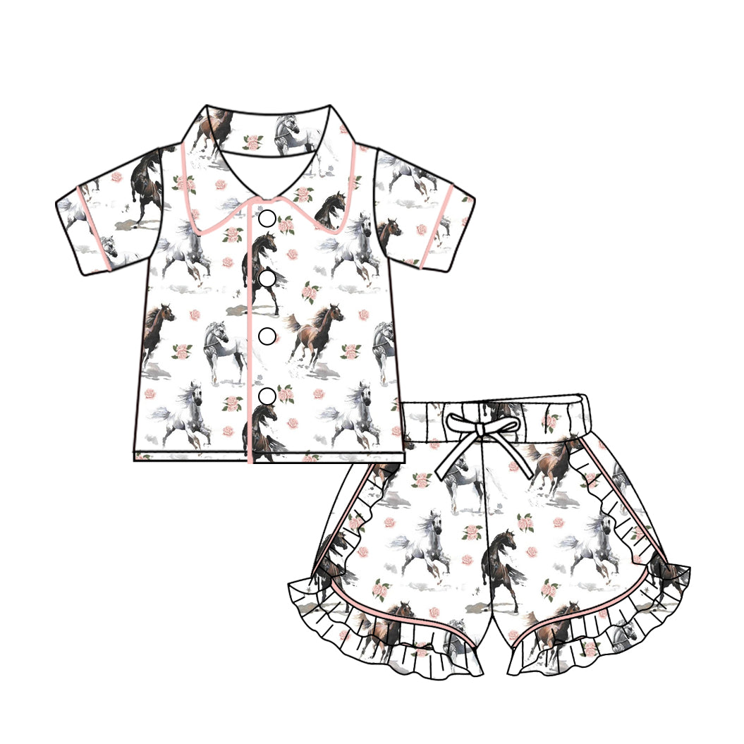 Baby Girls Western Horse Flowers Buttons Top Ruffle Shorts Pajamas Sets preorder(MOQ 5)