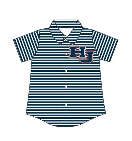 Preorder (moq 5)Baby Boys Short Sleeve Navy Stripe HJ Team Button Shirt Top