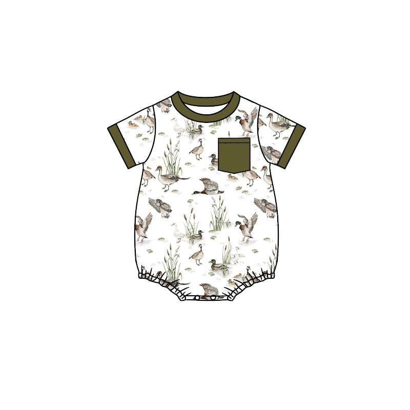 Baby Boys Fall Mallard Ducks Pockets Short Sleeve Rompers preorder(moq 5)