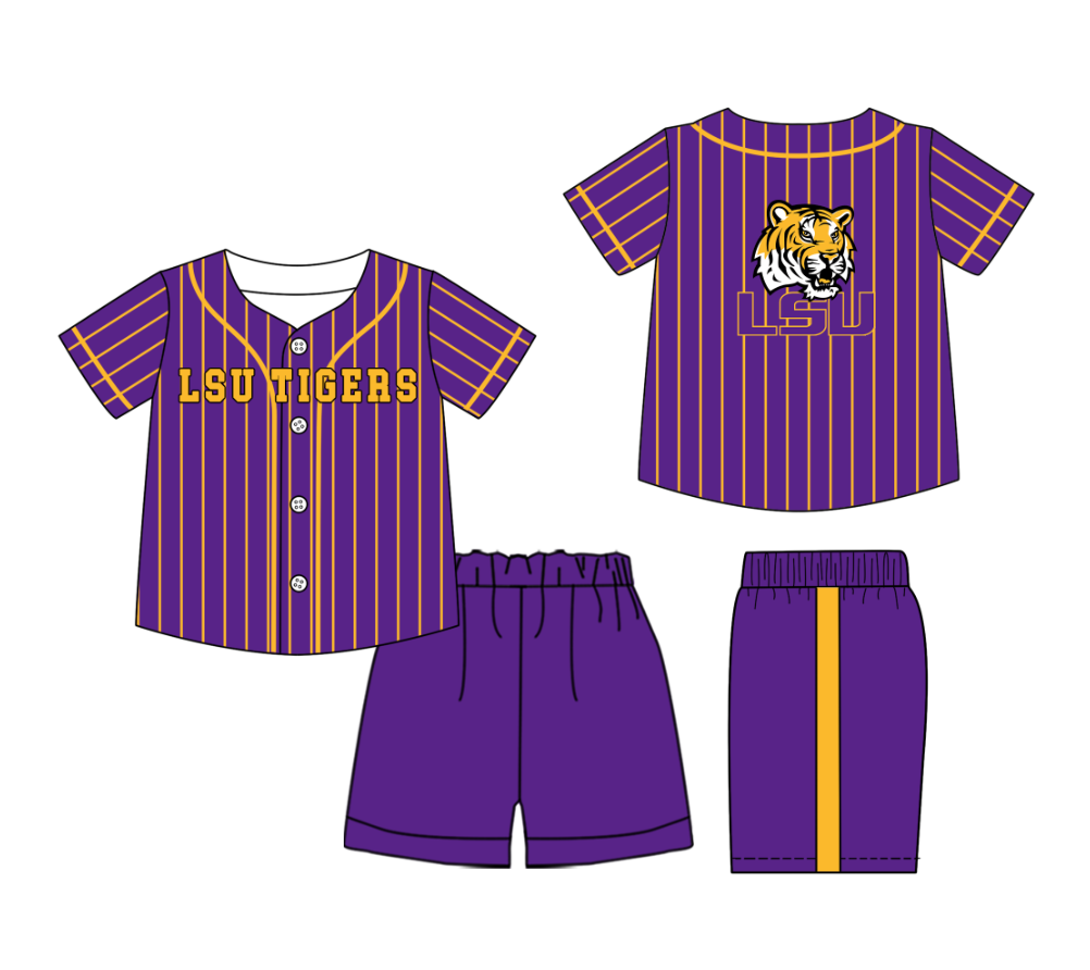 Preorder (moq 5)Baby Boys Purple Stripe LSU Tiger Button Top Shorts Team Clothes Sets
