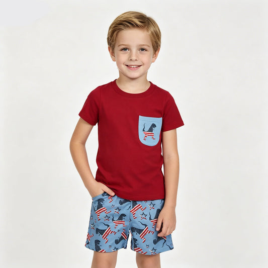 Baby Boys Dinosaurs Flags Pocket Shirts Shorts 4th of July Clothes Sets