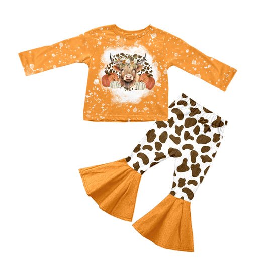 Baby Girls Orange Highland Cow Top Leopard Bell Pants Clothes Sets Preorder(moq 5)