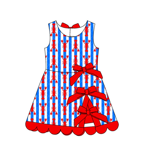 Preorder (moq 5)Baby Girls Crayfishes Stripe 4th of July Short Scallop Knee Length Dresses