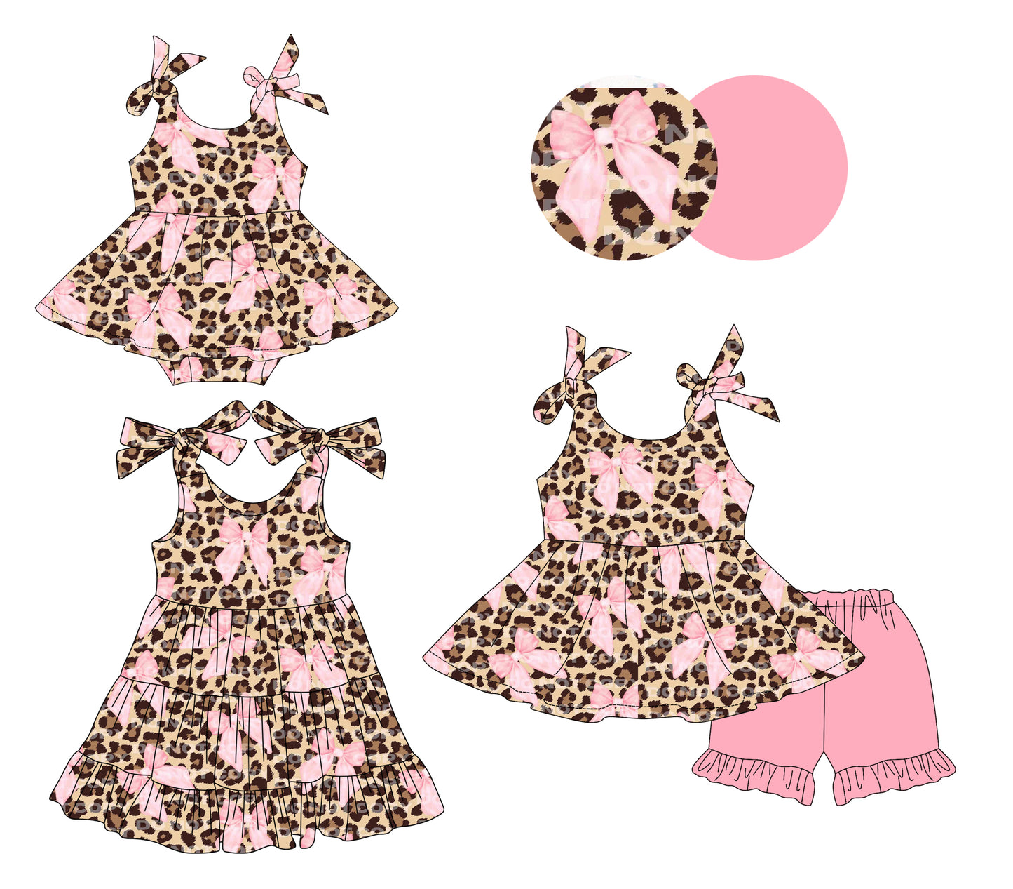 Preorder moq 5 Custom Baby Girls Pink Bows Leopard Tunic Ruffle Short Set Knee Length Dress Bummies Dress Rompers