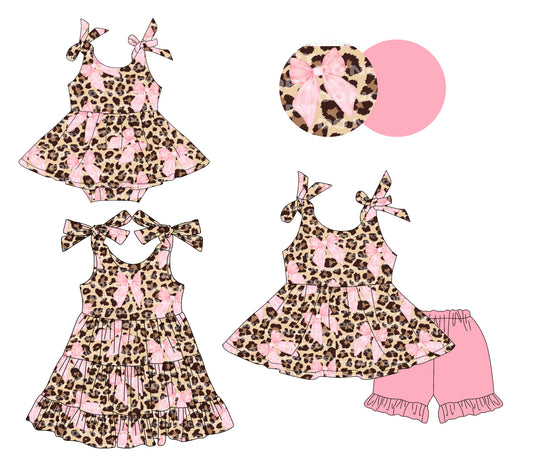 Preorder moq 5 Custom Baby Girls Pink Bows Leopard Tunic Ruffle Short Set Knee Length Dress Bummies Dress Rompers