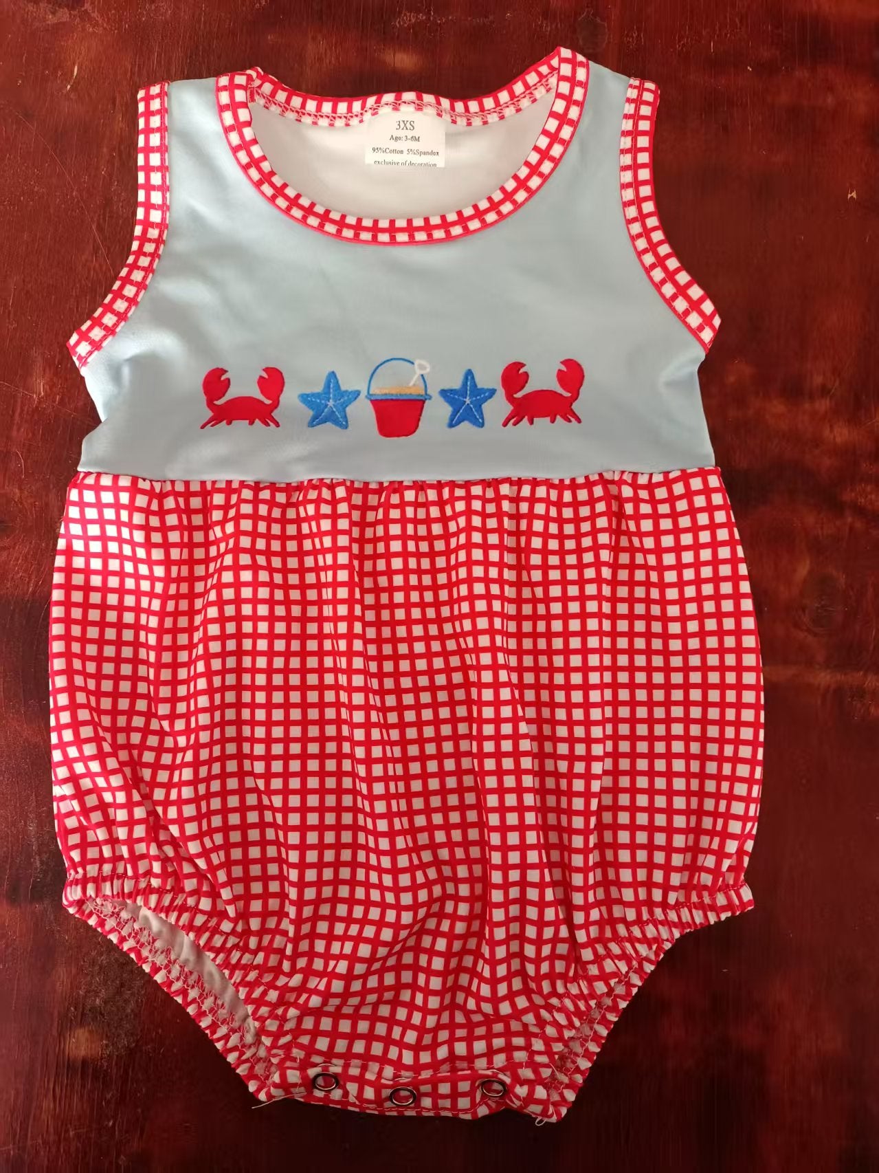 Preorder moq 5 Baby Girls Sleeveless Crabs Beach Red Plaid Ruffle Rompers