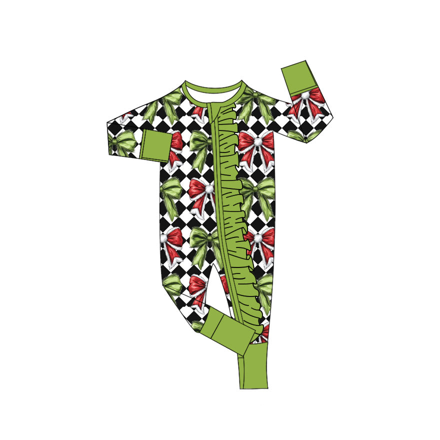 Preorder (moq 20)Baby Girls Bamboo Black Checked Green Red Bows Christmas Zippy Footie Rompers