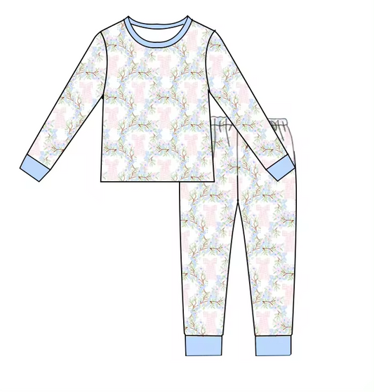 Baby Girls Bows Flowers Long Sleeve Shirt Pants Pajamas Clothes Sets Preorder(moq 5)