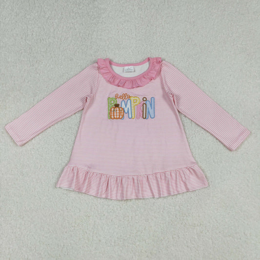 Embroidery Pumpkins Baby Girls Pink Stripe Fall Tee Shirts Top