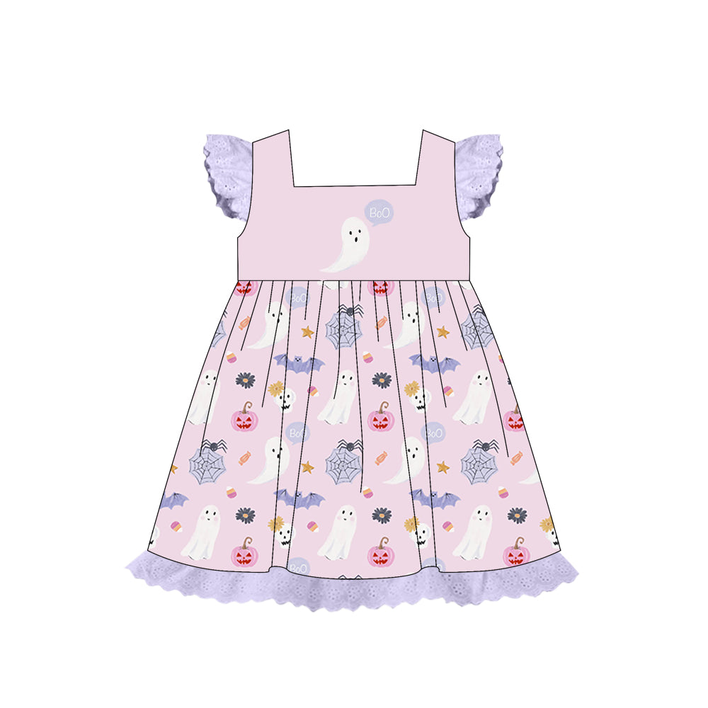 Preorder (moq 5)Baby Girls Lavender Flutter Sleeves Ghost Pumpkins Lace Knee Length Dresses