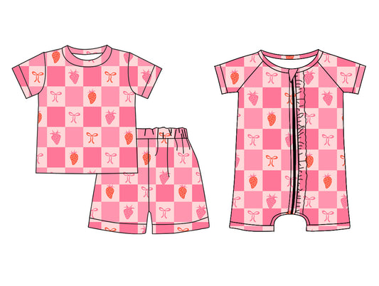 Preorder(moq 5 each)Sibling Baby Girls Strawberry Bows Checkered Top Shorts Pajamas Rompers Clothes Sets